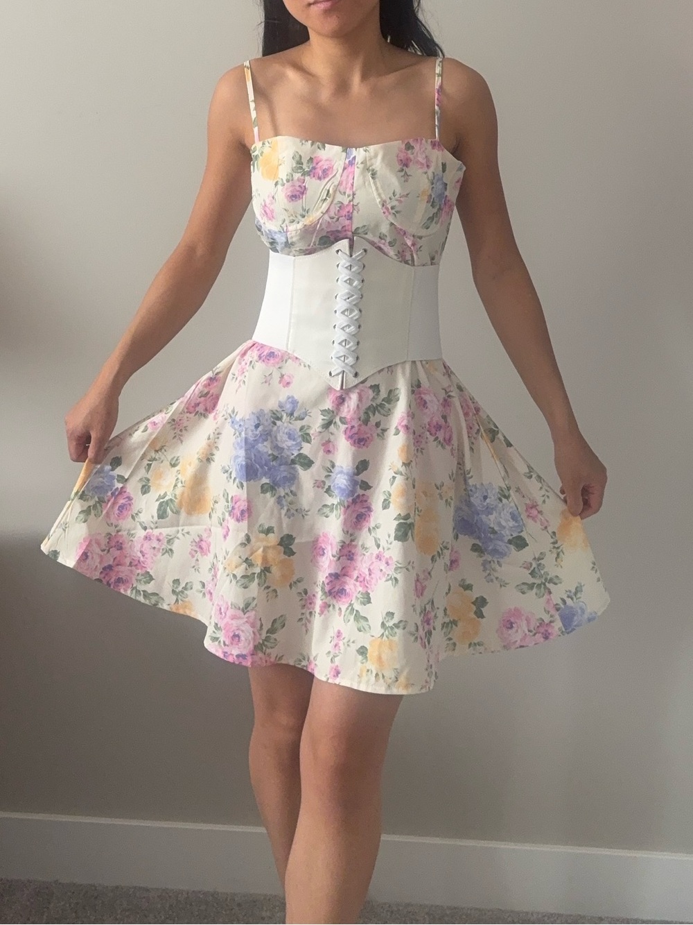 Lace-Up Corset Floral Mini Dress in Cream with Pastel Blooms